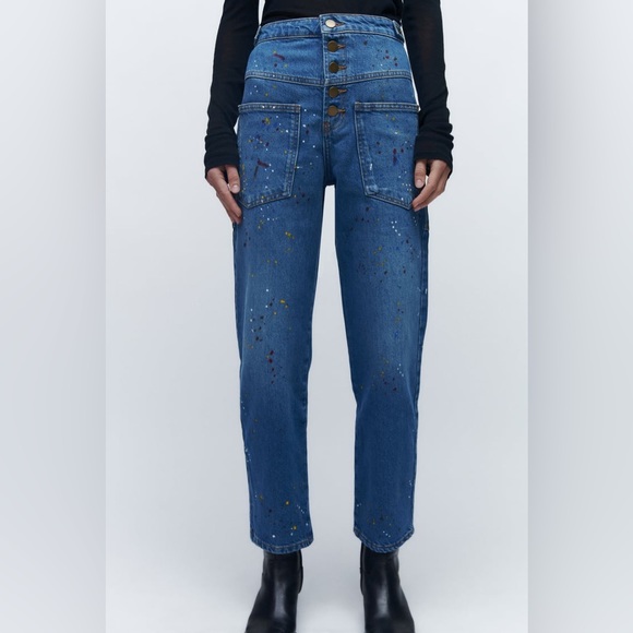 ZARA THE RISE CROPPED PAINTER ZW JEANS - Picture 3 of 10